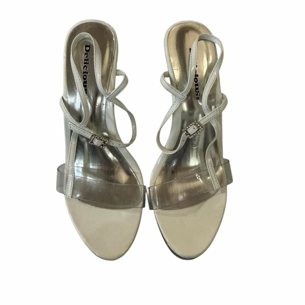 Delicious silver heels with clear straps and buckle detail